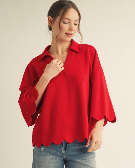 Solid Red Scallop Edge 3/4 Flare Sleeve Top