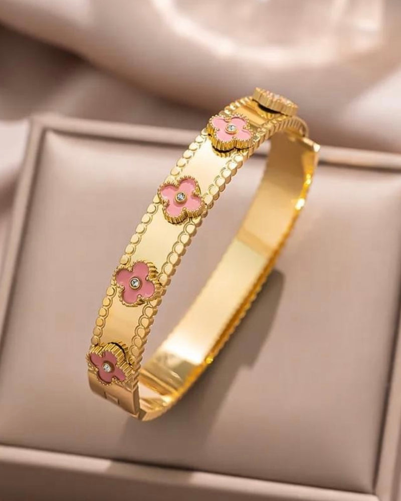 Timeless 5 Flower Gold Floral Accent Adorned Bangle Bracelet