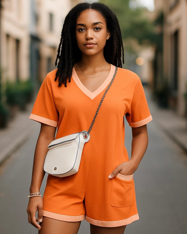 Orange Two Tone Short Sleeve VNeck Pocket Loose Romper Short Lounger