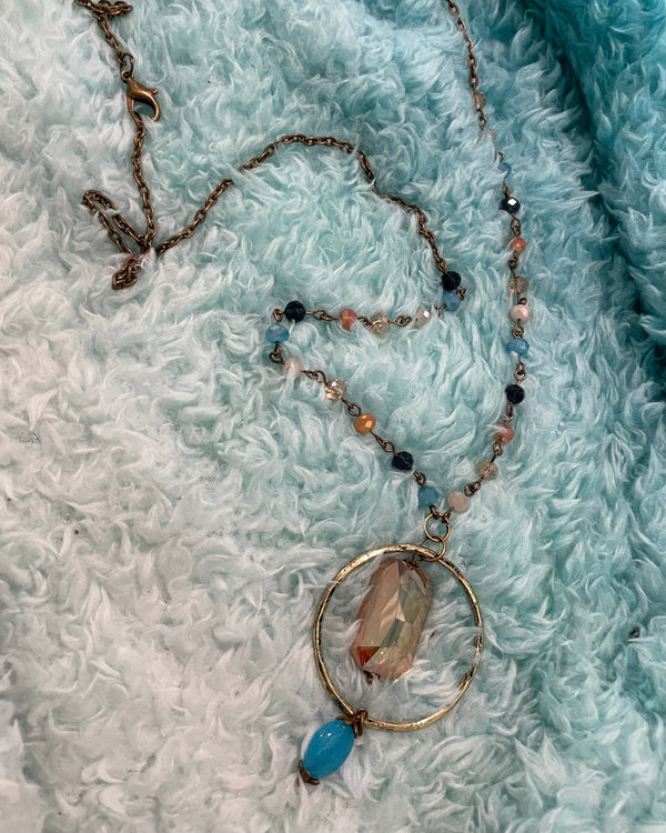 Gun Metal Long Necklace with Colored Beads and attached Ring Pendant w/Crystal