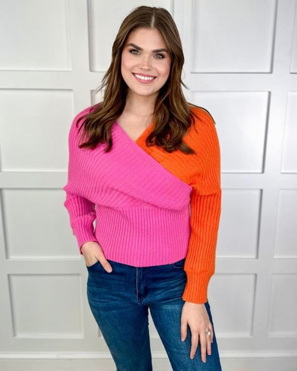 Pink & Orange Crossover VNeck Long Sleeve Ribbed Sweater