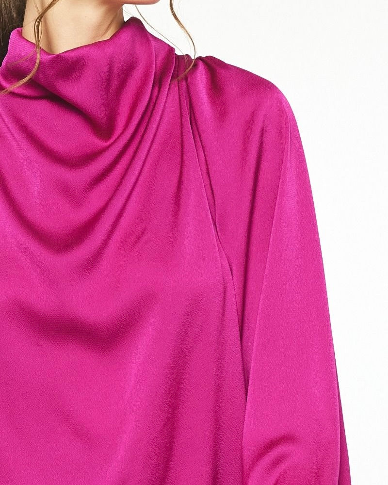 Magenta Pink Satin Drape Neck Long Sleeve Keyhole Blouse