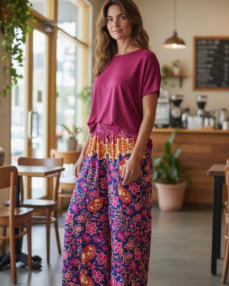 Bohemian Boho Style Black & Multicolor Floral Print Elastic Waist Wide Leg Pant