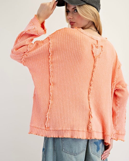 Peach Orange Mist Mineral Wash Heart Patch Ribbed Knit Long Sleeve Pullover Top