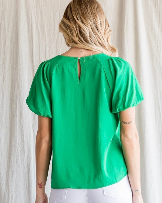 Plus Size Kelly Green Rounded Neckline Short Bubble Puff Sleeve Blouse