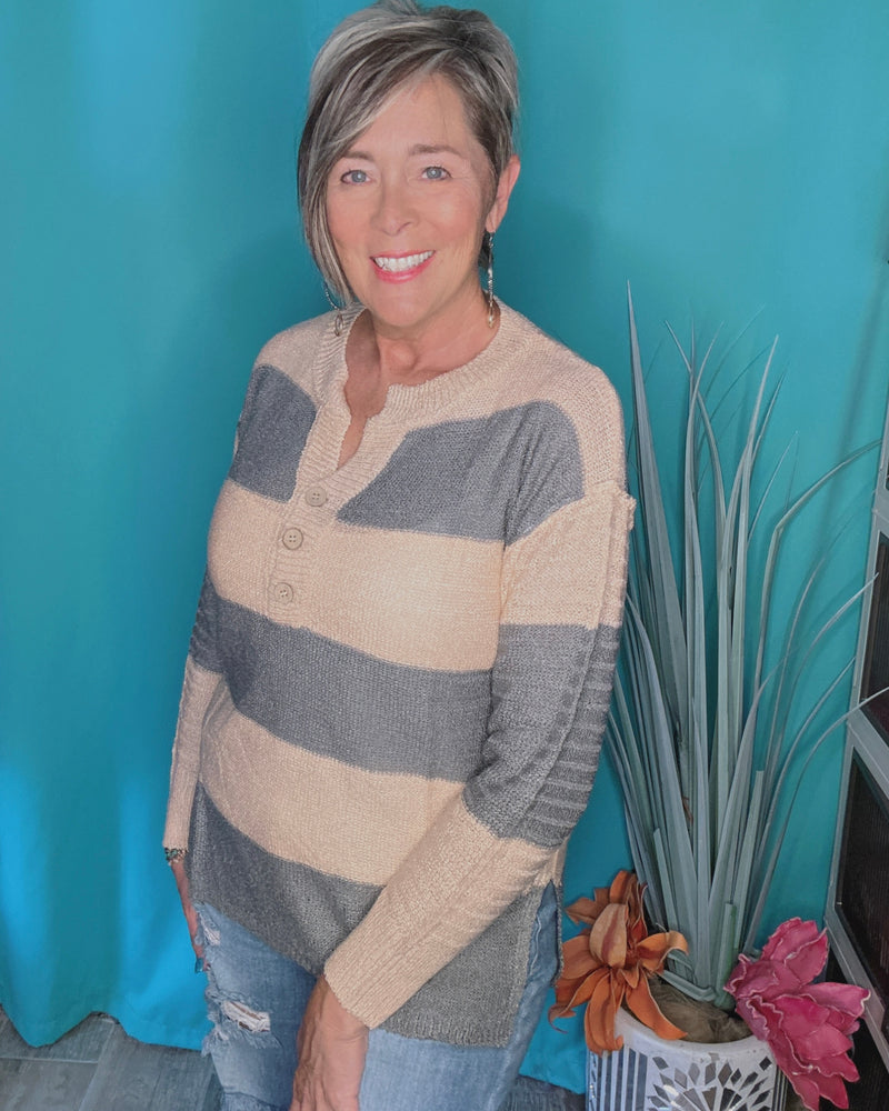 Blush & Gray Lightweight Button Neck Long Sleeve Knit Top