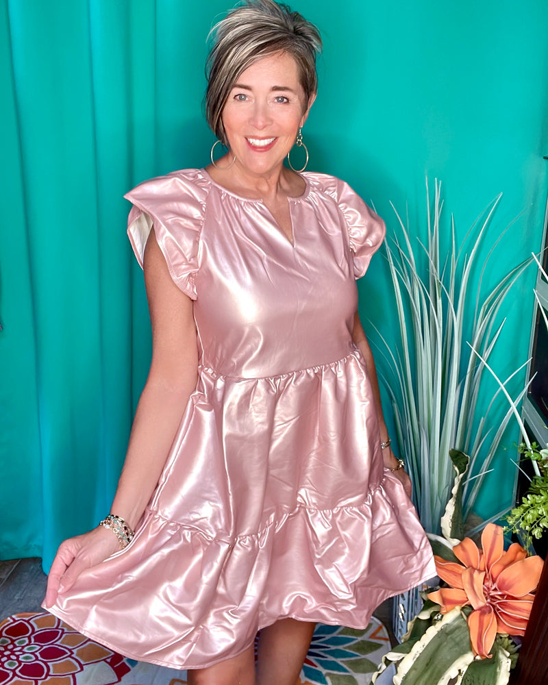 Rose Gold Pink Faux Leather Ruffle Cap Sleeve Tier Layered Party Dress