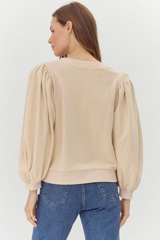 Solid Cream Mix Long Sleeve Out-Line Stitch Shoulder Sweatshirt Top