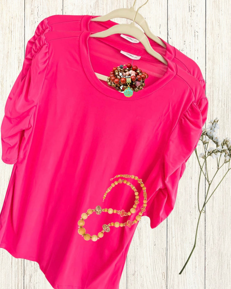 Plus Size Hot Pink Ruched Gathered Short Sleeve Top