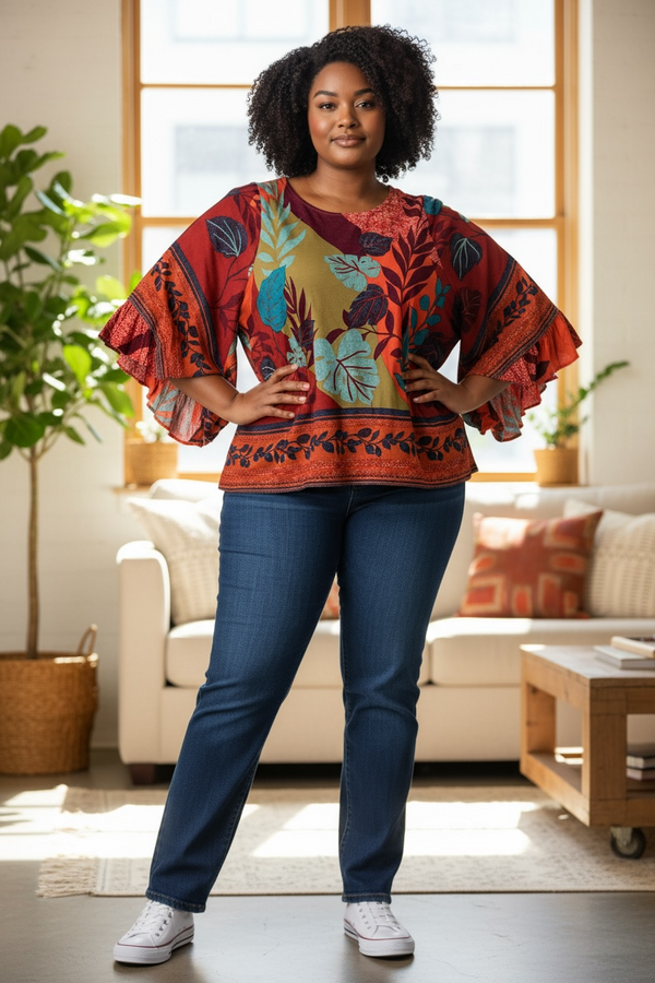 Burgandy Rust Teal Mix Border Print Wide Ruffle 3/4 Sleeve Top