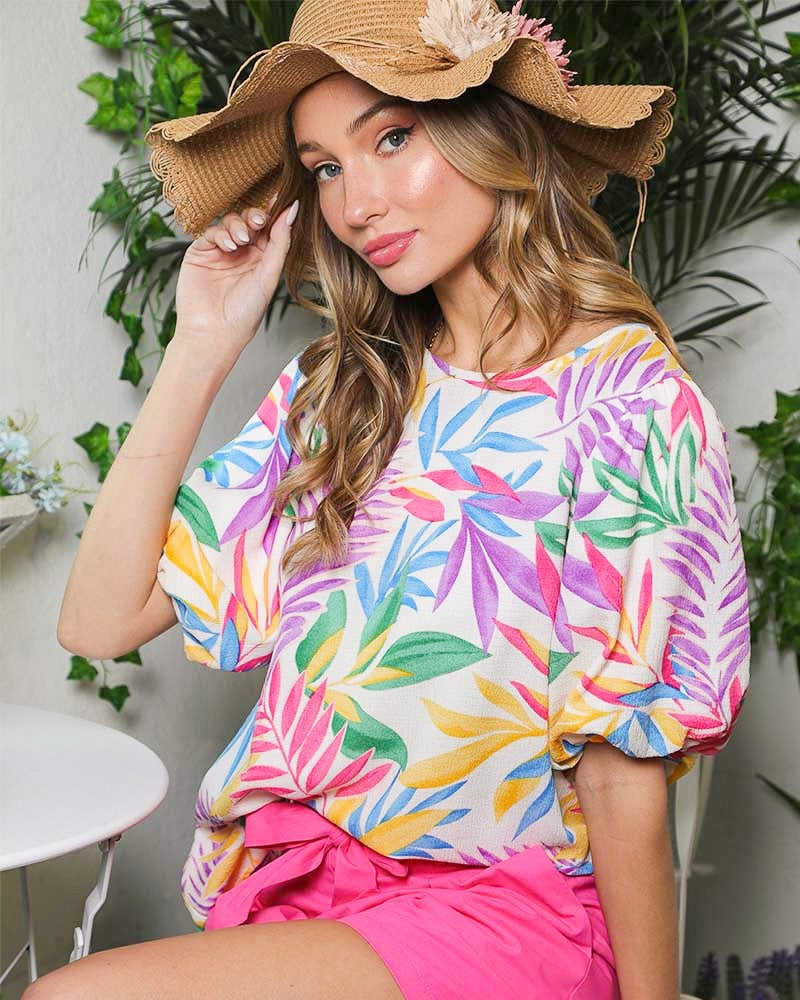 Multicolor Palm Leaf Tropical Print on White Balloon Puff Short Sleeve Blouse