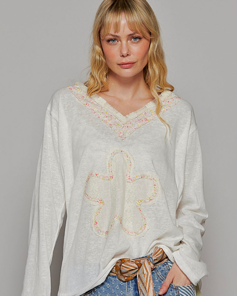 Ivory or Blue Relaxed Fit Lightweight Long Sleeve Lace Flower Patch Top