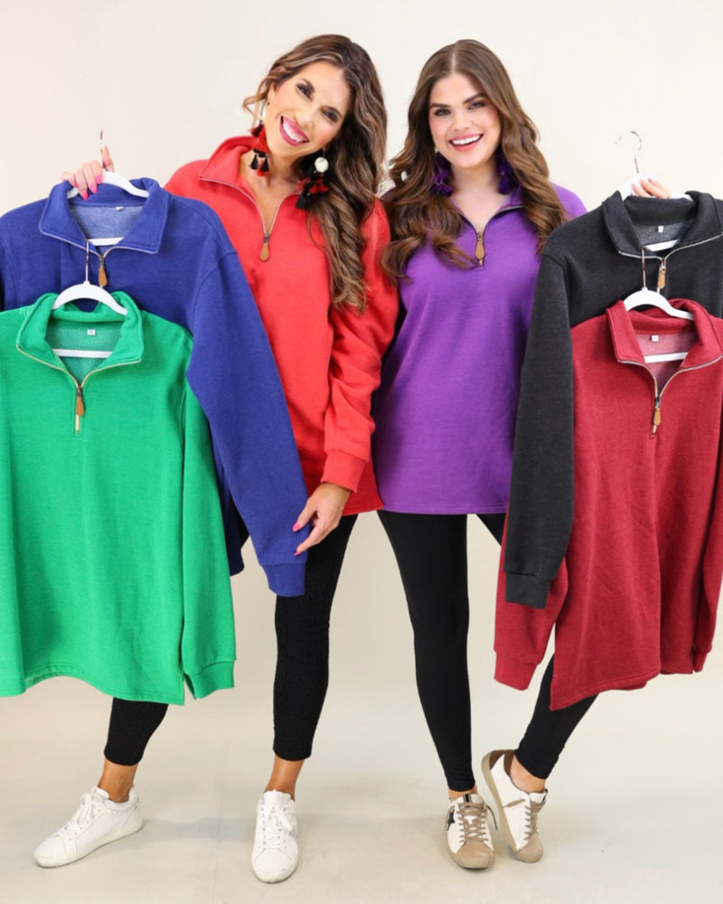 Red, Purple or Burgandy Solid Miley Quarter Zip Long Sleeve Pullover Basic Top