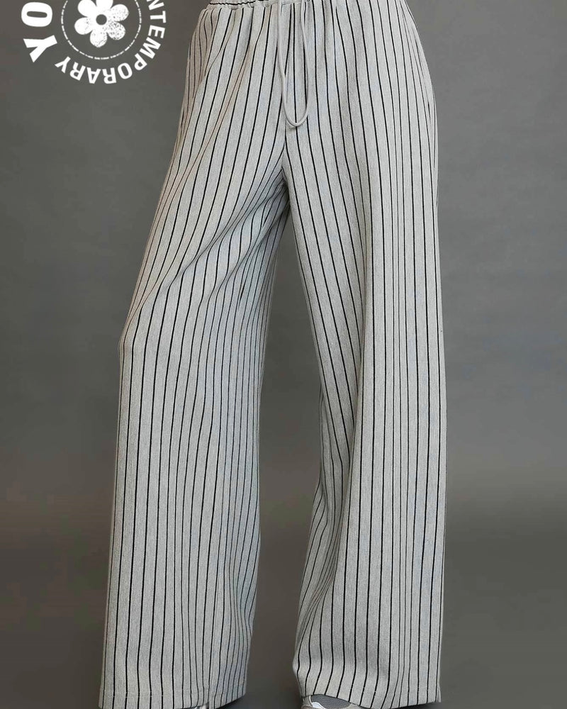 Brown, Gray or Black Stripe Pull On Elastic Waist Wide Straight Leg Pant