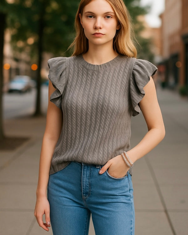 Gray Textured Ruffle Cap Short Sleeve Pullover Top