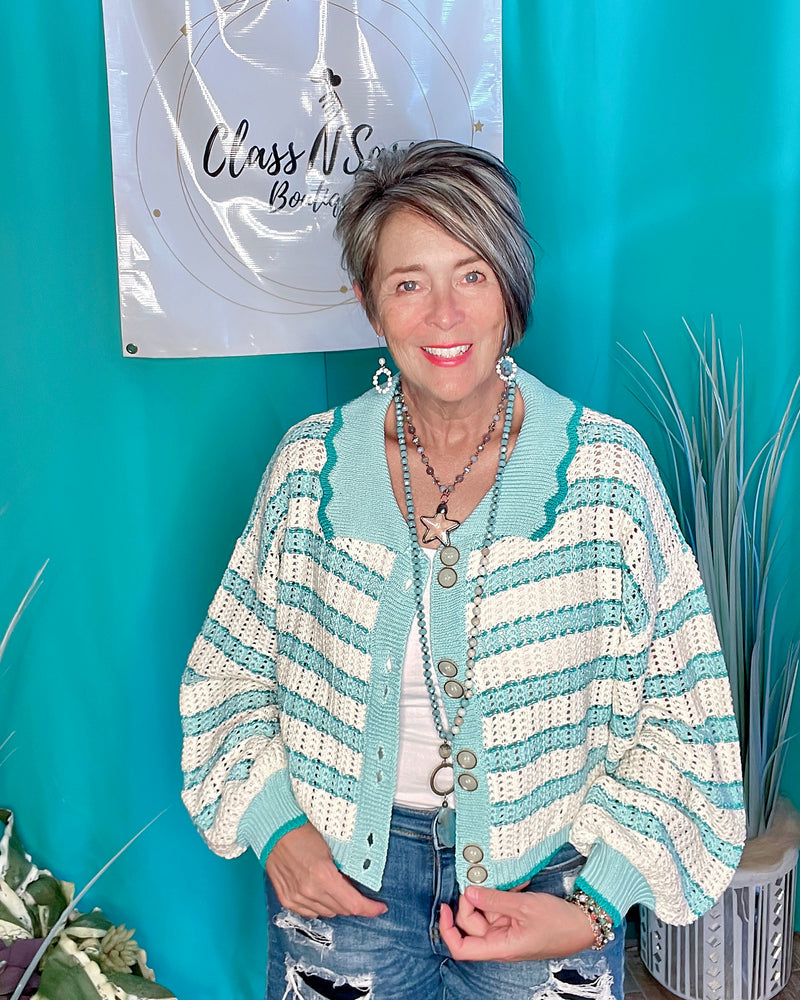 Turquoise Aqua and White Striped Button Down Balloon Long Sleeve Knit Sweater Top