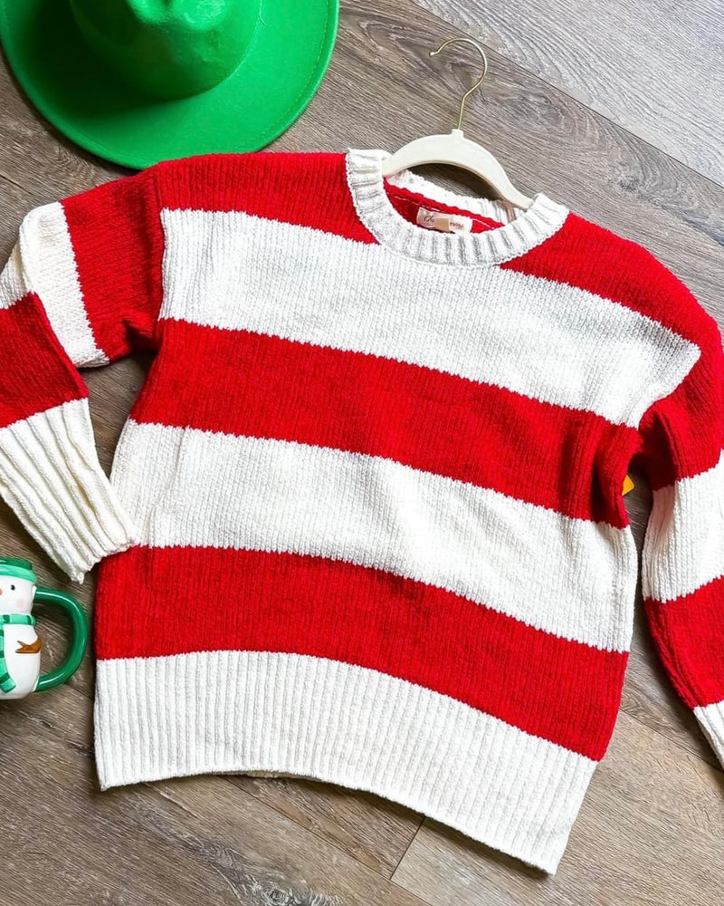 Bold Red & White Large Stripe Print Crew Neck Long Sleeve Sweater