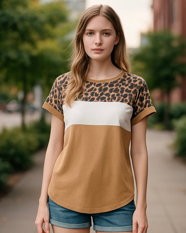 Brown, White & Leopard Color Block Short Sleeve T-Shirt Top