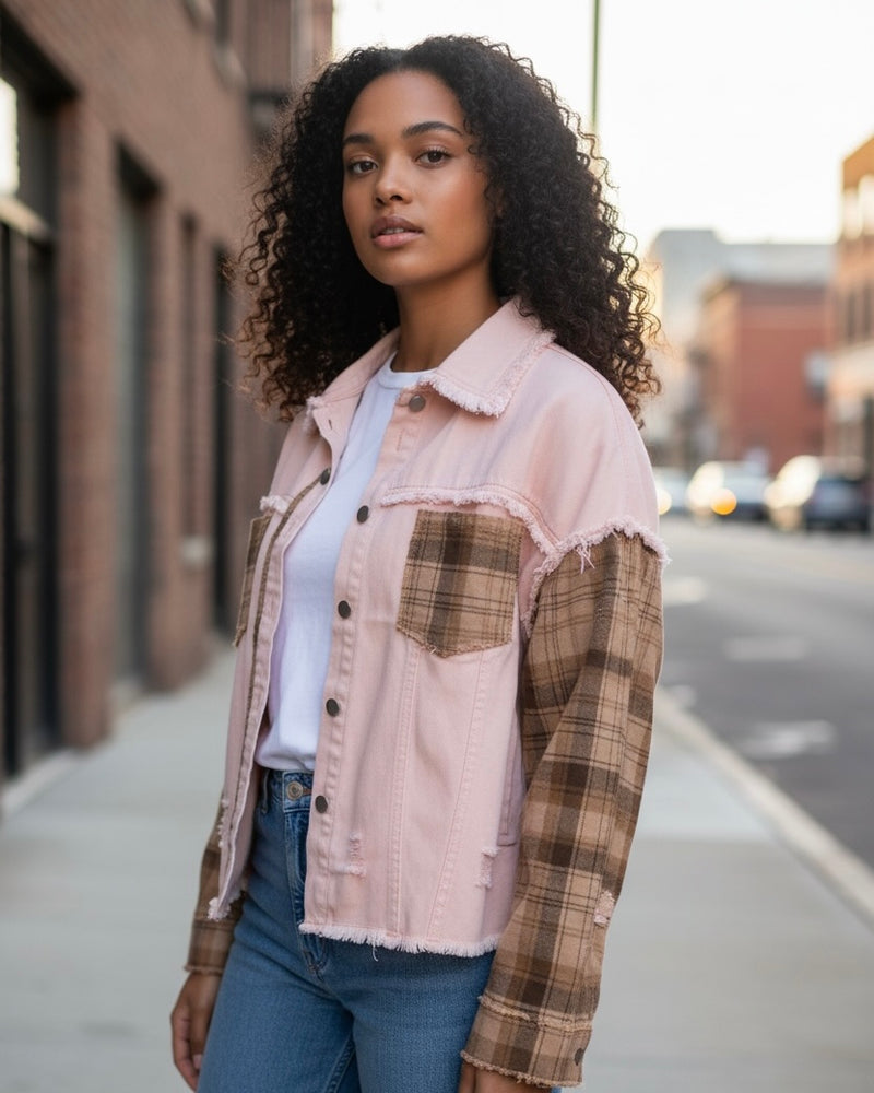 Light Pink Soft Denim Plaid Long Sleeve Button Front Frayed Jacket