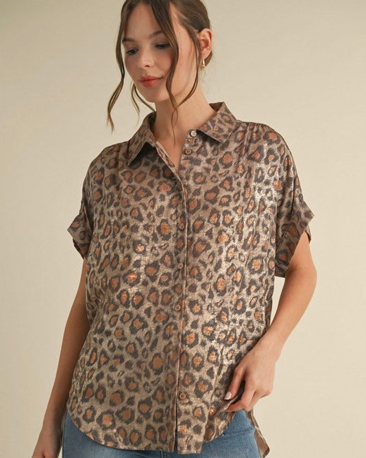 Leopard Print Metallic Collared Button Down Short Sleeve Top