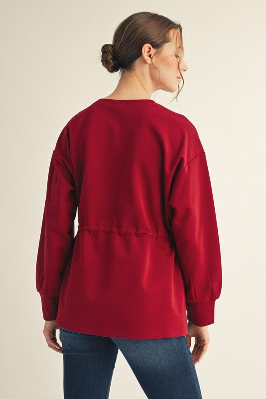 Solid Burgandy Wine Drawstring Waist Smooth Texture Long Sleeve Top