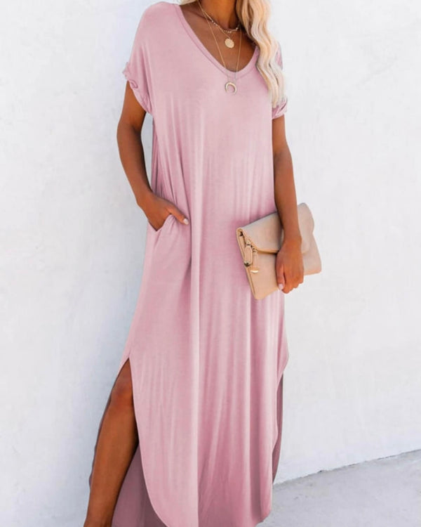 Light Pink Side Split Short Sleeve Pocket Maxi Dress