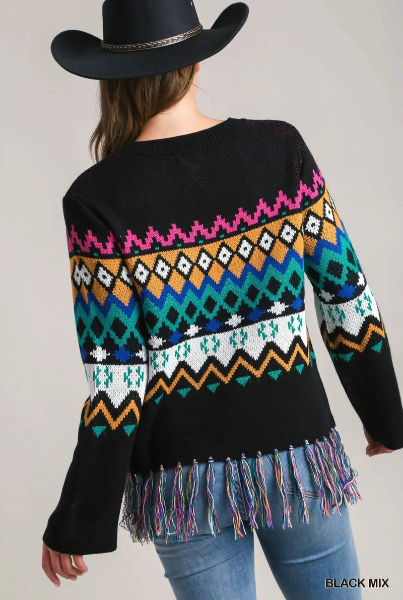 Black or White Multicolor Print Scoop Neck Boxy Drop Shoulder Fringe Sweater Top