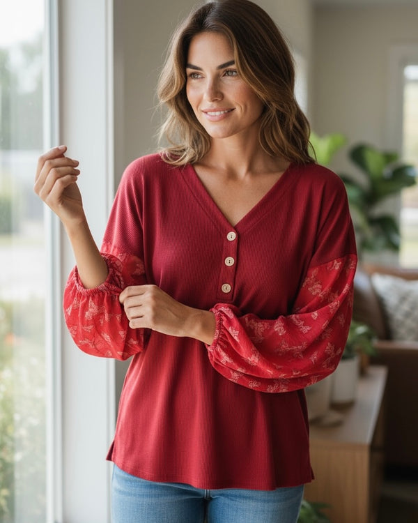 Solid Burgandy Red Contrasting Floral Print Balloon Long Sleeve Button Neck Top