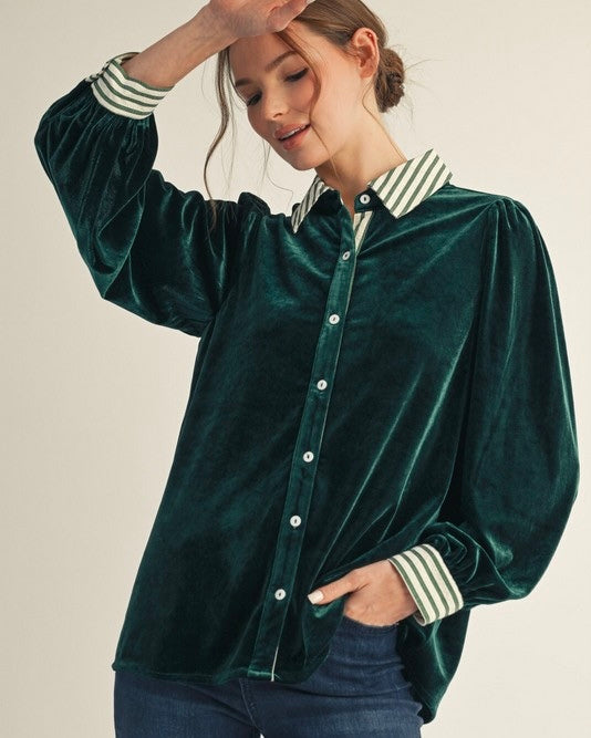Garnet Red or Emerald Green Velvet Button Down Long Sleeve Contrast Stripe Top