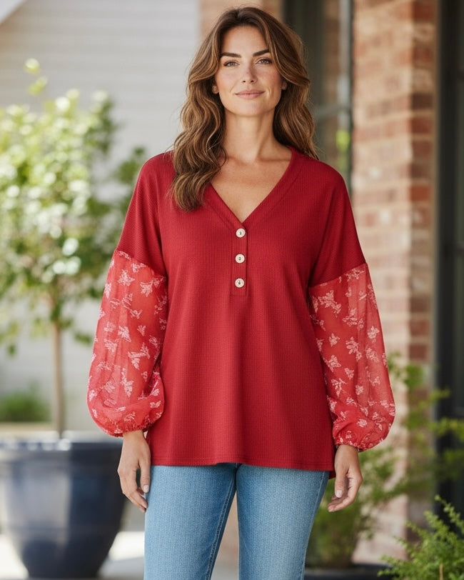 Solid Burgandy Red Contrasting Floral Print Balloon Long Sleeve Button Neck Top