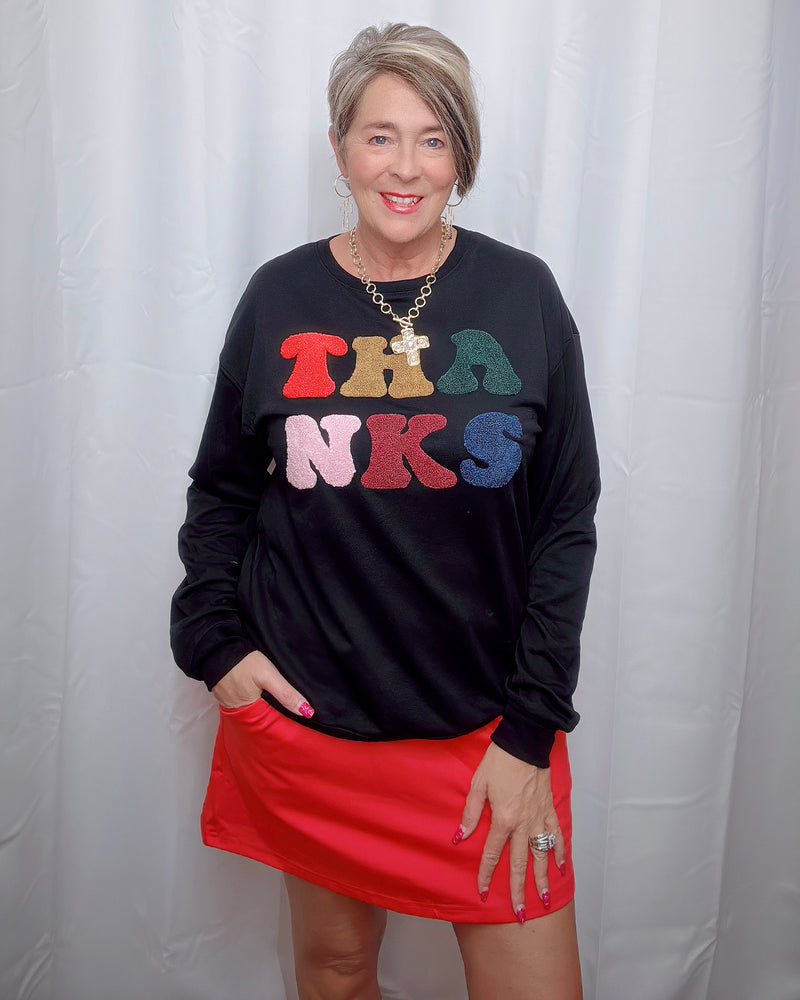 Black Multicolor Chenille Patch “Thanks” Long Sleeve Sweatshirt Top