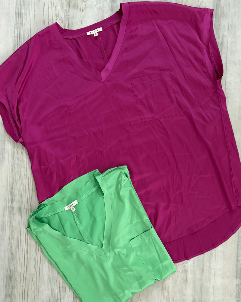 Green or Magenta Pink Satin VNeck Short Cap Sleeve Top