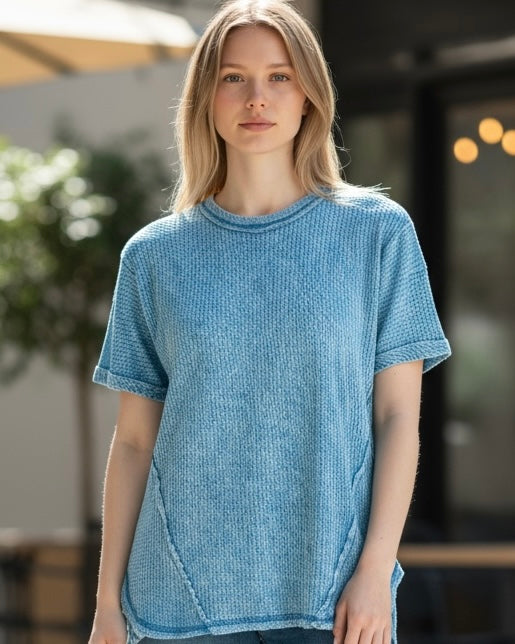 Blue, Green or Pink Mineral Wash Waffle Cotton Short Roll Sleeve Raw Edge Top
