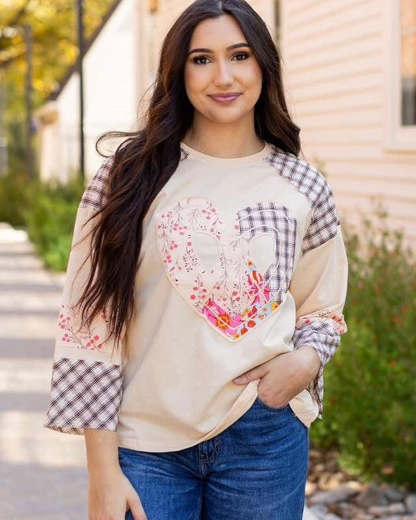 Boho Cream Peace Heart Patch Plaid Floral Pullover Sweatshirt