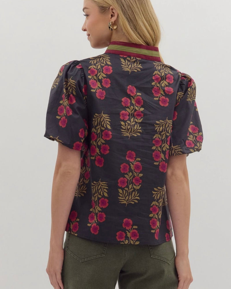 Black w/Red & Green Floral Print Short Puff Sleeve Open Neck Top