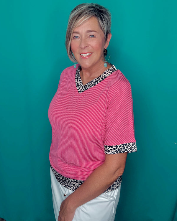 Pink Textured Leopard Trim Short Sleeve Top