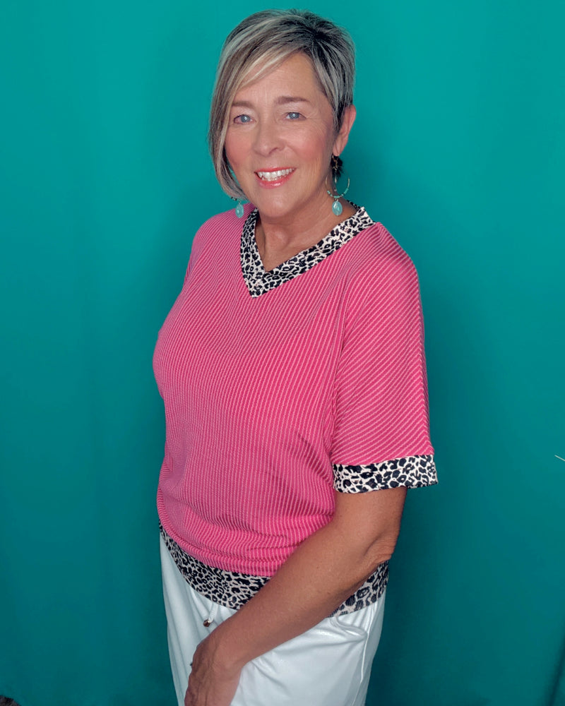 Pink Textured Leopard Trim Short Sleeve Top