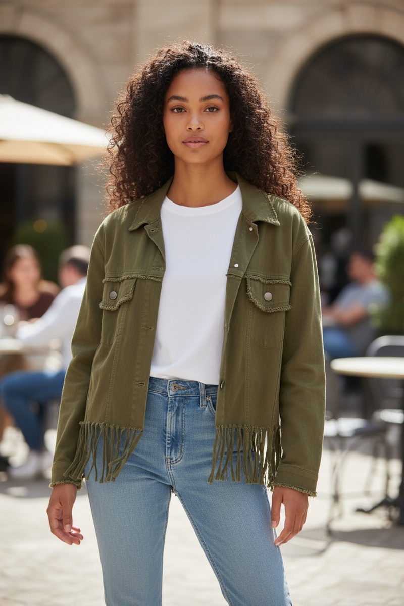 Black Frayed Fringe Detail Waist Style Denim Jacket