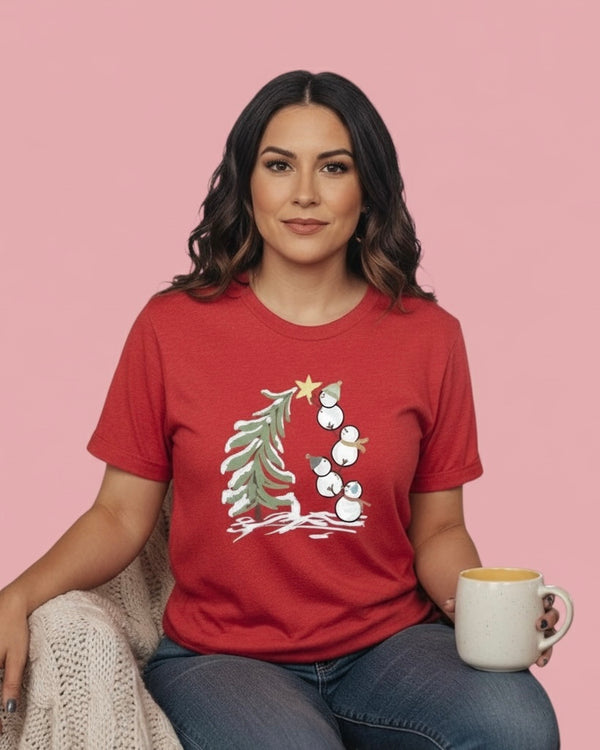 Red Christmas Tree & Snowmen Short Sleeve Tshirt Tee Top