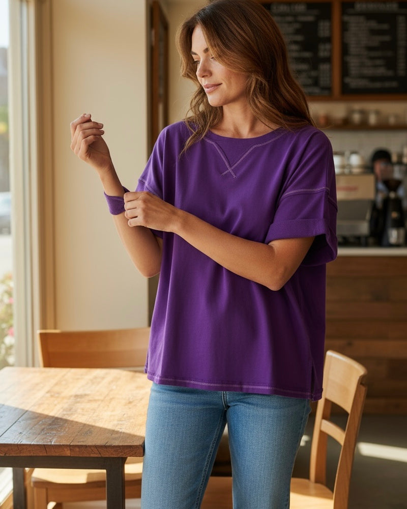 Solid Purple Raw Edge Short Sleeve Stitch Detail Sweatshirt Top