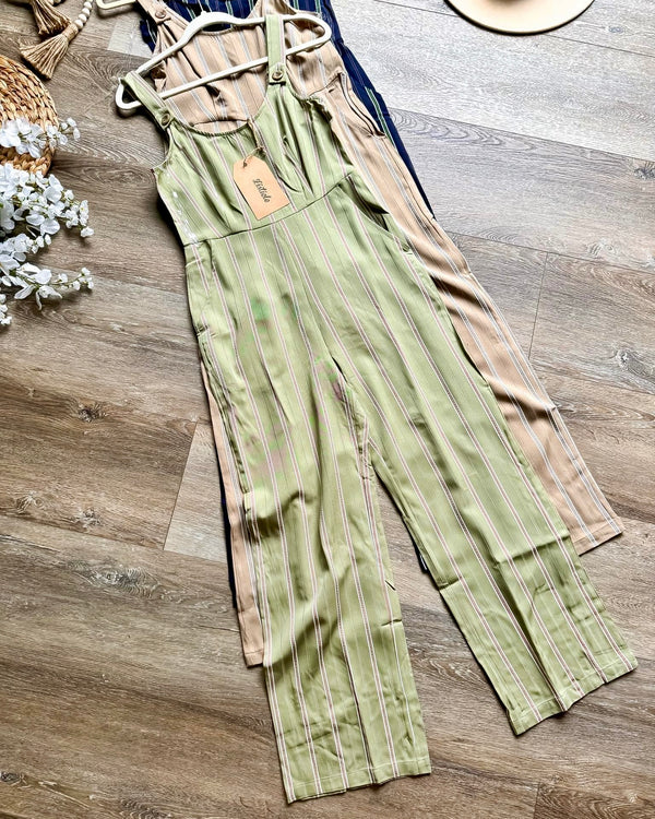 Olive Sage Green Striped Coverall Style Button Strap Sleeveless Pant Jumpsuit