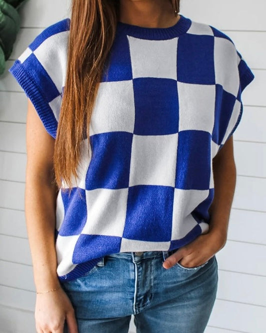 Blue & White Checkered Sleeveless Sweater Knit Vest Top