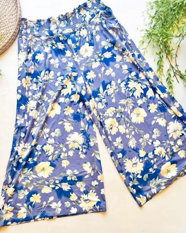 Plus Size Blue & White Floral Print Wide Leg Elastic Waist Pant