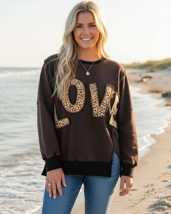 Black & Brown "Love" Leopard Patch Long Sleeve Sweatshirt Top