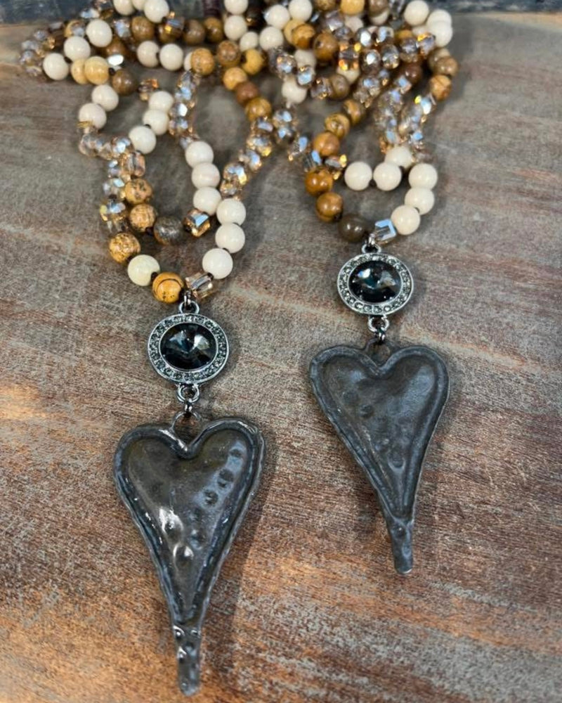 Long Brown, White & Black Tone or Blue & Neutral Tone Beaded Necklace with Double Drop Pendants with Rhinestones and Metal Heart