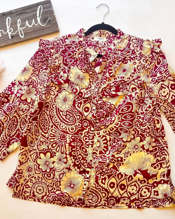 Cotton Burgundy  & Cream Short Puff Sleeve Scalloped High Neck Top