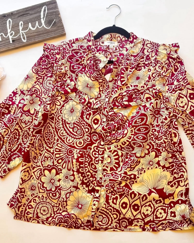 Cotton Burgundy  & Cream Short Puff Sleeve Scalloped High Neck Top