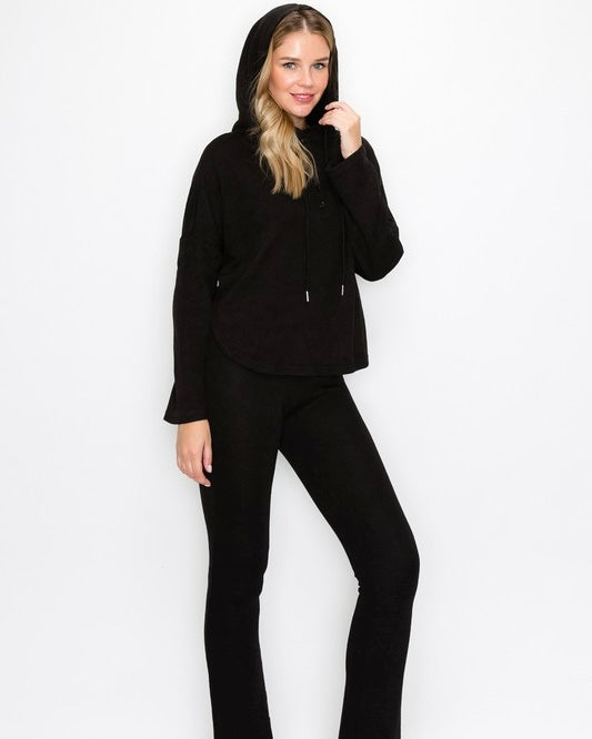 Black Ribbed 2 Pc Long Sleeve Hoodie & Pants Lounge Set