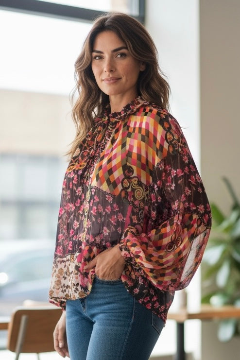 Olive Multicolor Mix Media Boho Floral Print Peasant Long Sleeve Top