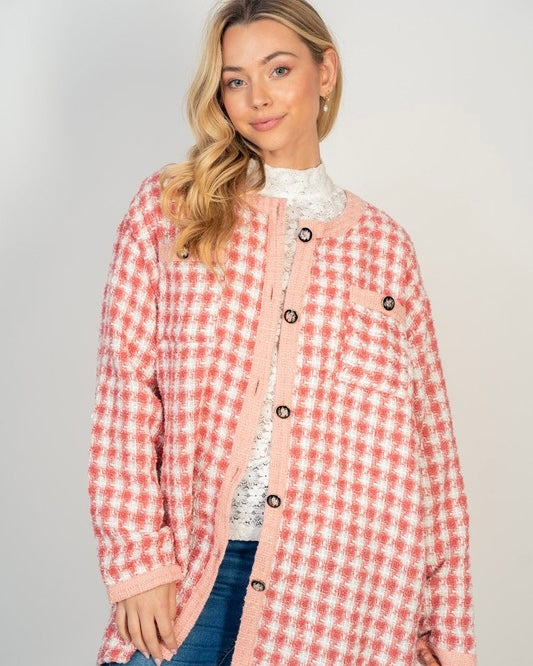 Pink & White Houndstooth Woven Long Sleeve Button Front Jacket